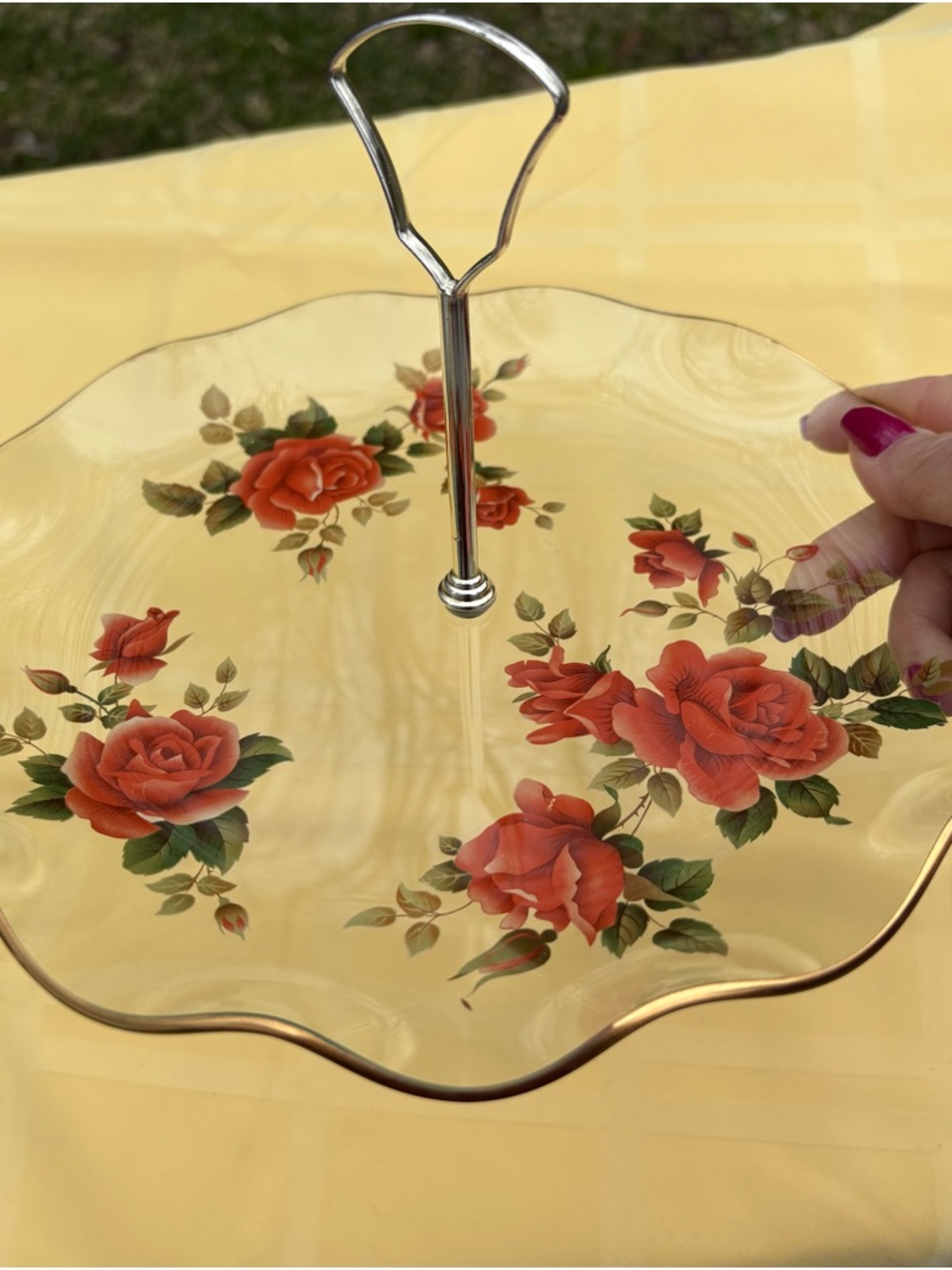 Tidbit Glass Floral Serving Tray - Red Rose Design vintage